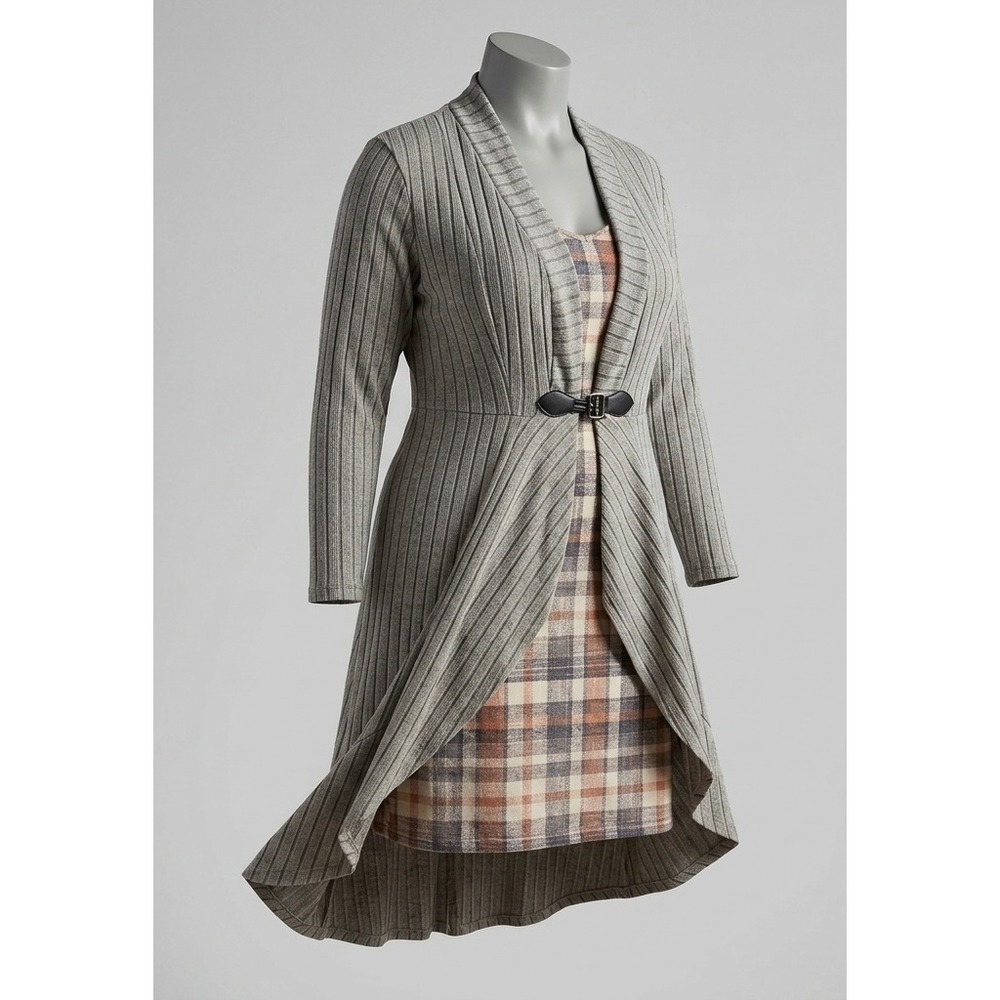 Ribbed Knit Duster Cardigan and Plaid Maxi Dress 2-Piece Set Grey Orange L